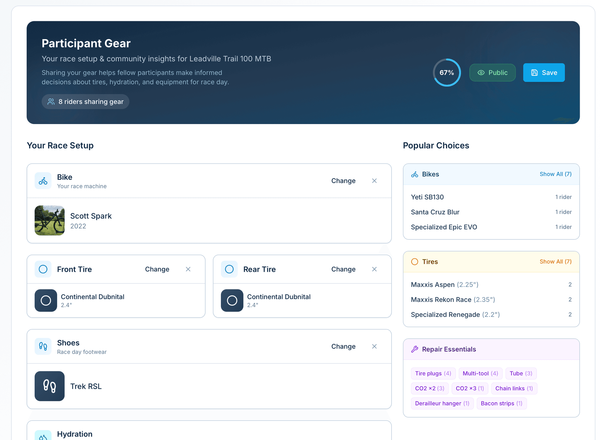 FinalClimb community gear page showing what other athletes are running for Leadville