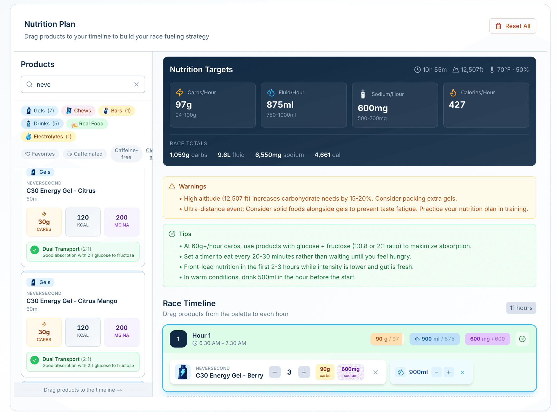FinalClimb nutrition planner showing hour-by-hour carbs, hydration, and sodium targets