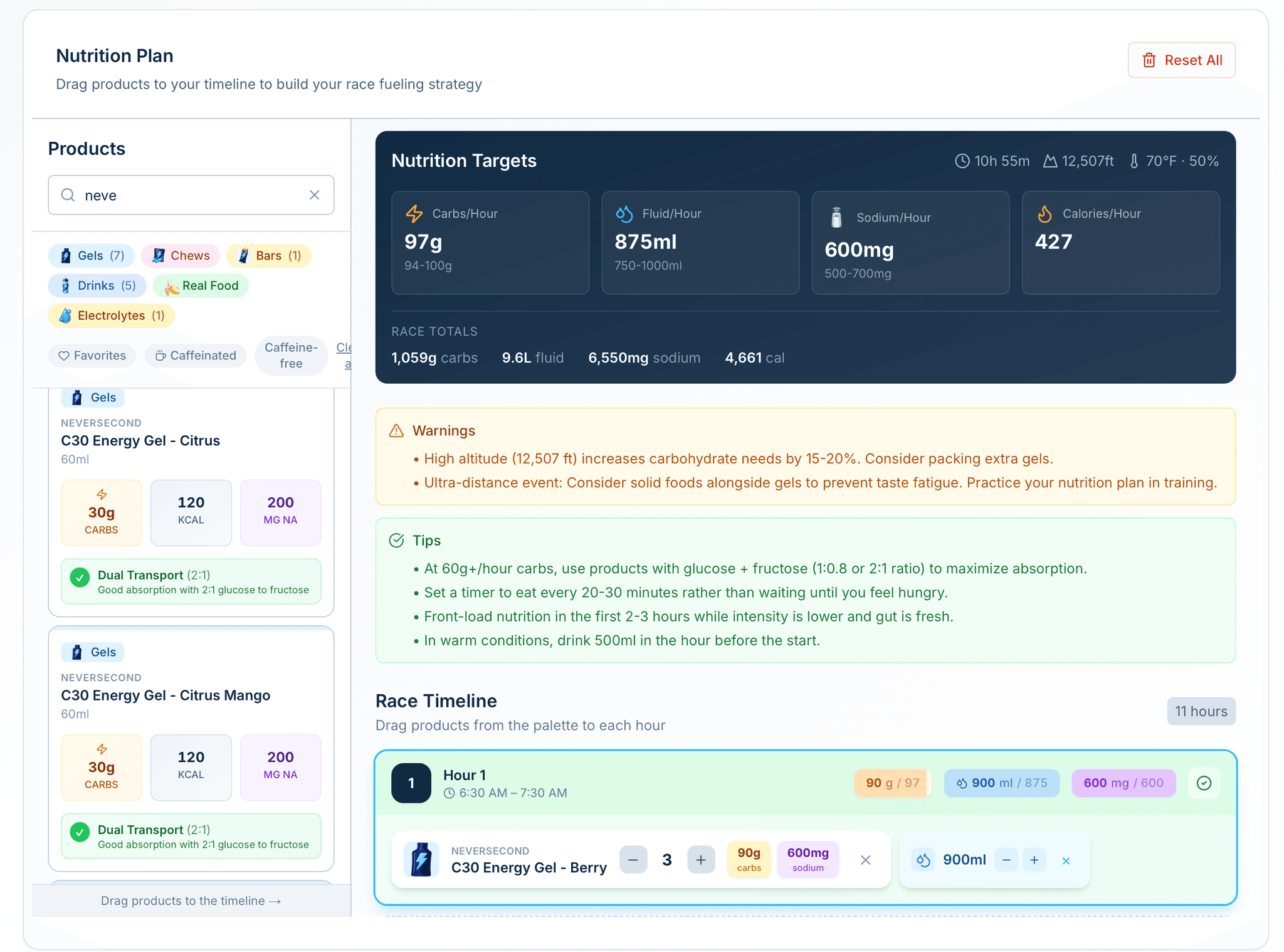 FinalClimb nutrition planner showing hour-by-hour carbs, hydration, and sodium targets