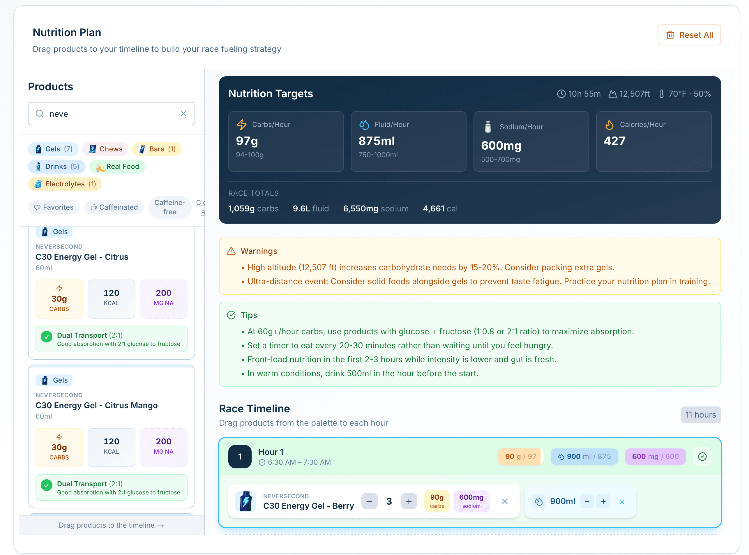 Nutrition planner showing hour-by-hour carbs, hydration, and sodium targets